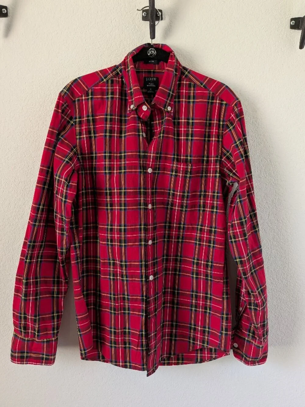 NWOT - J Crew Flex Washed Mens Small Red Tartan Plaid Slim Fit Button Down Shirt